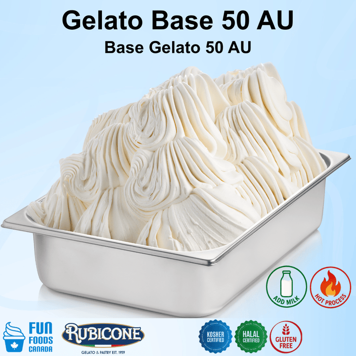 Container of Gelato Base 50 AU with Rubicone branding on a light blue background