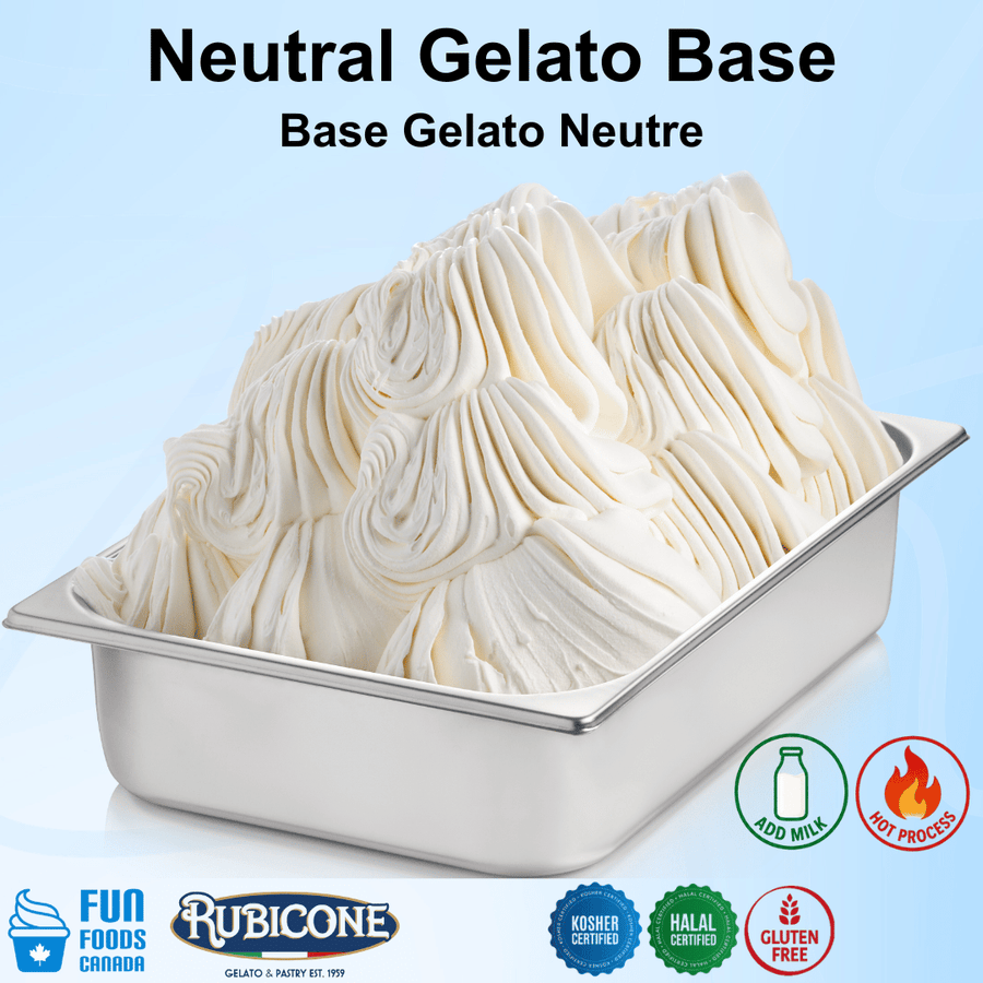Neutral Gelato Base in a metal container with Rubicone branding on a light blue background