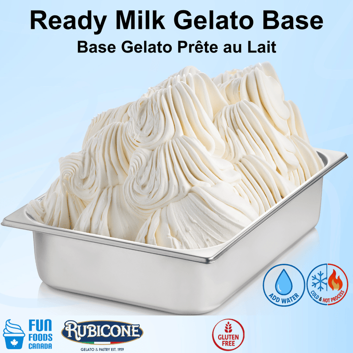 Container of Ready Milk Gelato Base with Rubicone branding on a light blue background