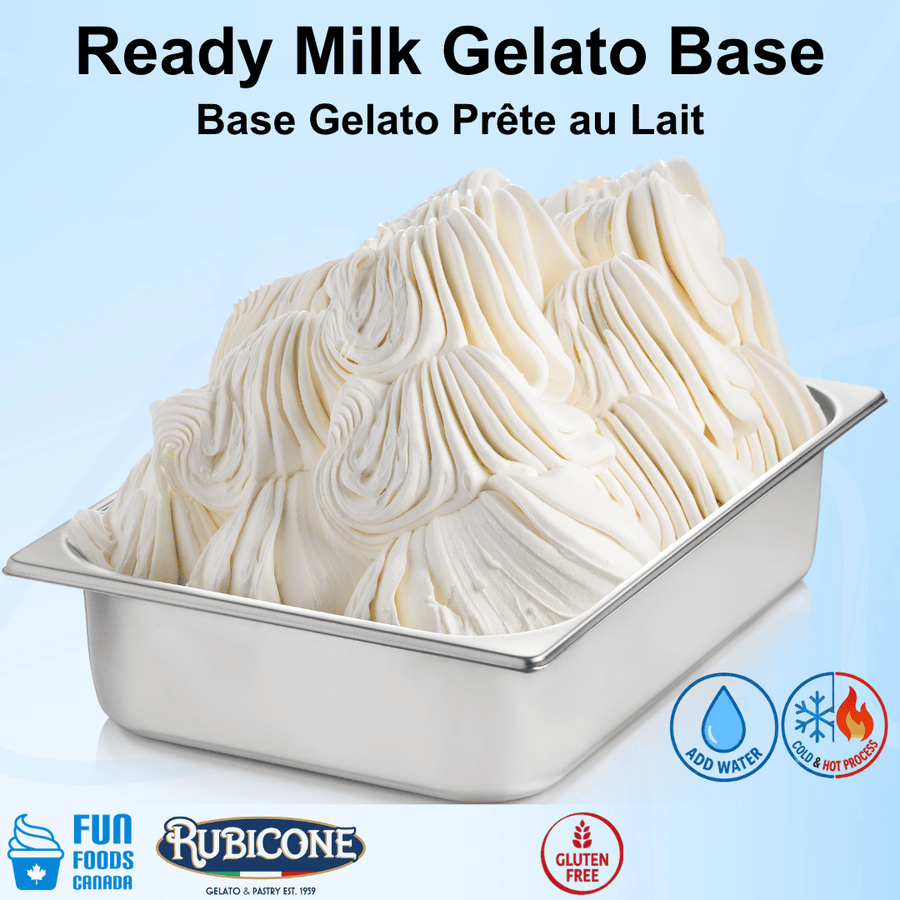 Container of Ready Milk Gelato Base with Rubicone branding on a light blue background