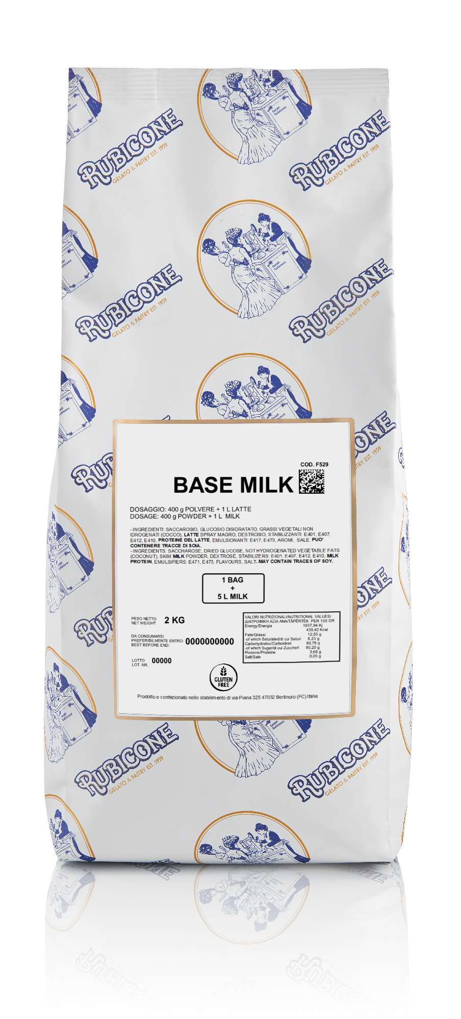 Bag of base milk with Rubicone branding on a white background