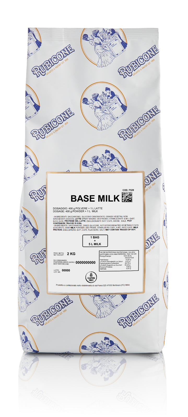 Bag of base milk with Rubicone branding on a white background
