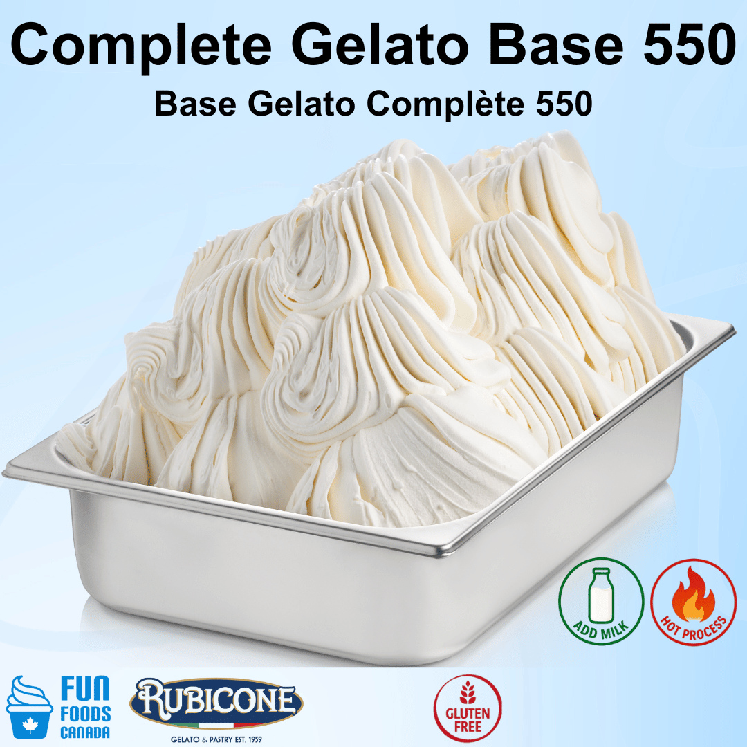 Container of gelato base with Rubicone branding on a light blue background