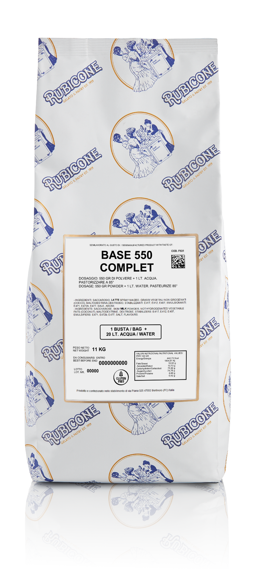 11 KG bag of Rubicone Base 550 Complete on a white background - Gelato bases - Hot process gelato base