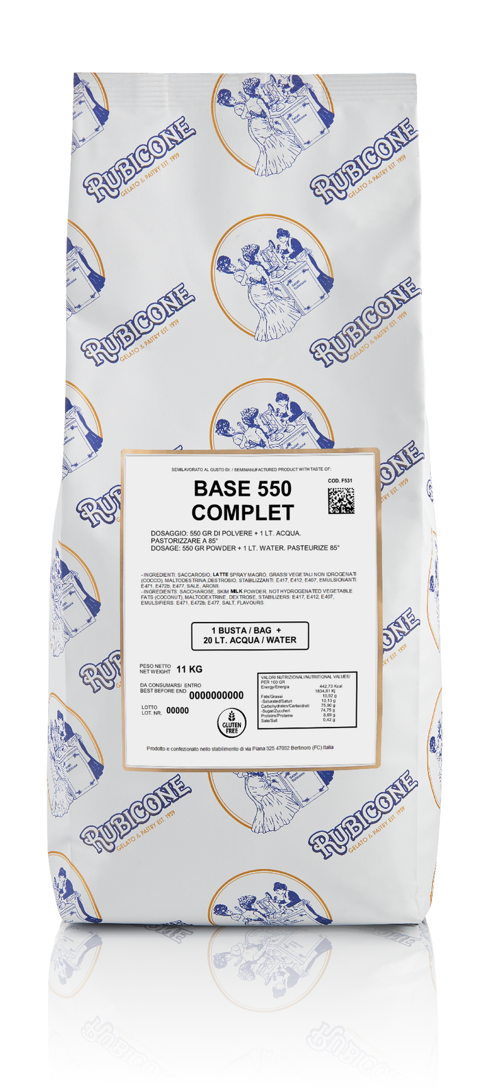 11 KG bag of Rubicone Base 550 Complete on a white background - Gelato bases - Hot process gelato base