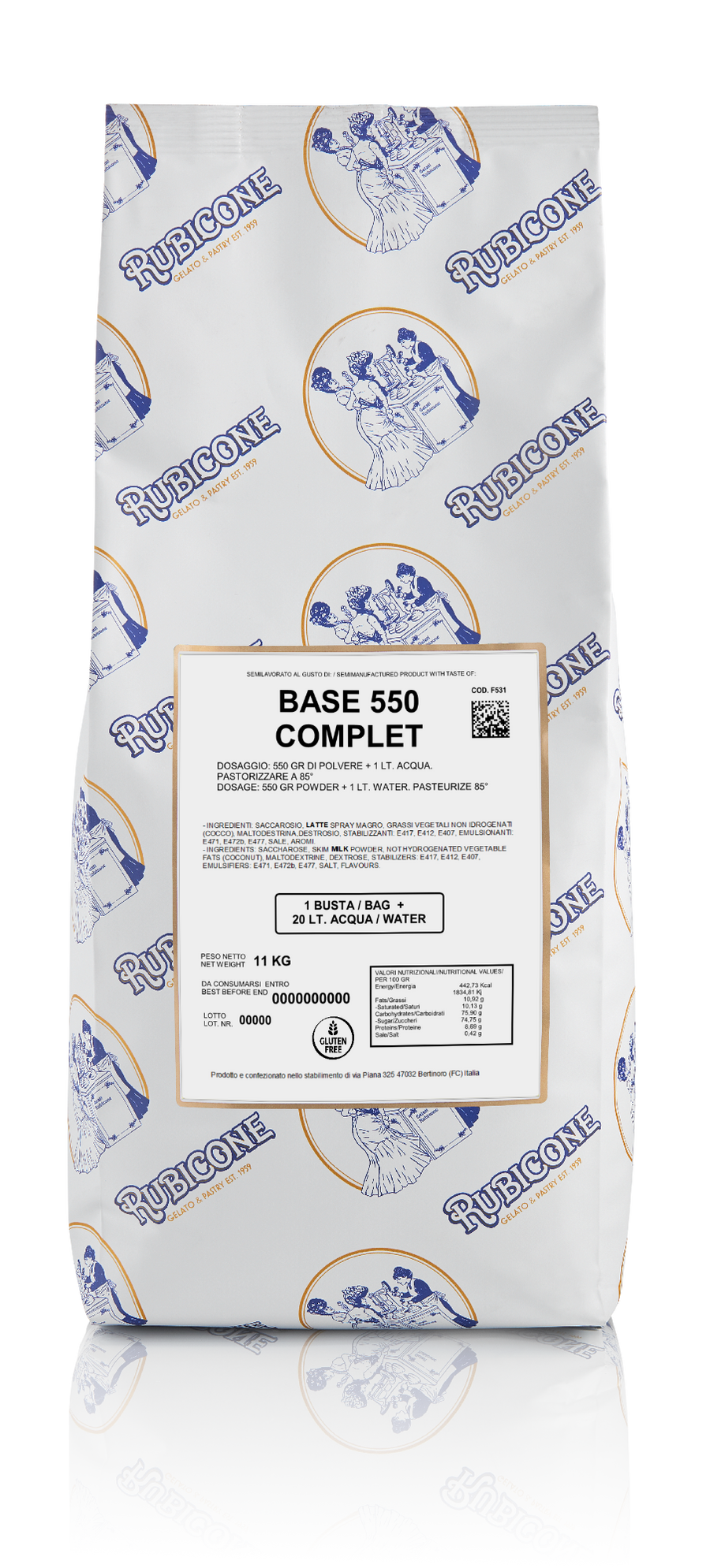 11 KG bag of Rubicone Base 550 Complete on a white background - Gelato bases - Hot process gelato base