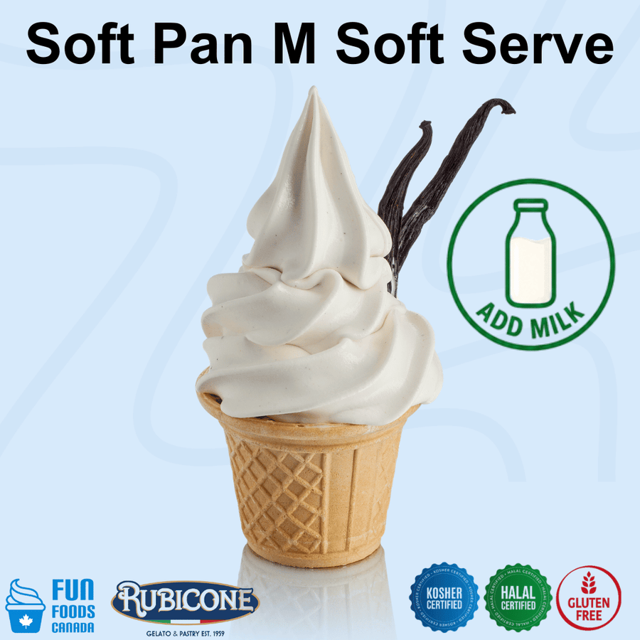 A soft pan ice cream cone with white soft serve, a waffle cone, vanilla bean garnish, and text reading 'Soft Pan M Soft Serve' on a light blue background. A green 'ADD MILK' icon and Rubicone branding appear on the image. Kosher, Halal, Gluten-free. 