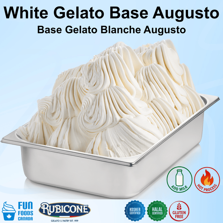 White gelato base in a metal container with Rubicone branding on a light blue background