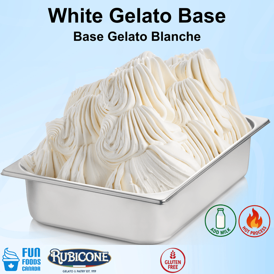 White gelato base in a container with Rubicone branding on a light blue background
