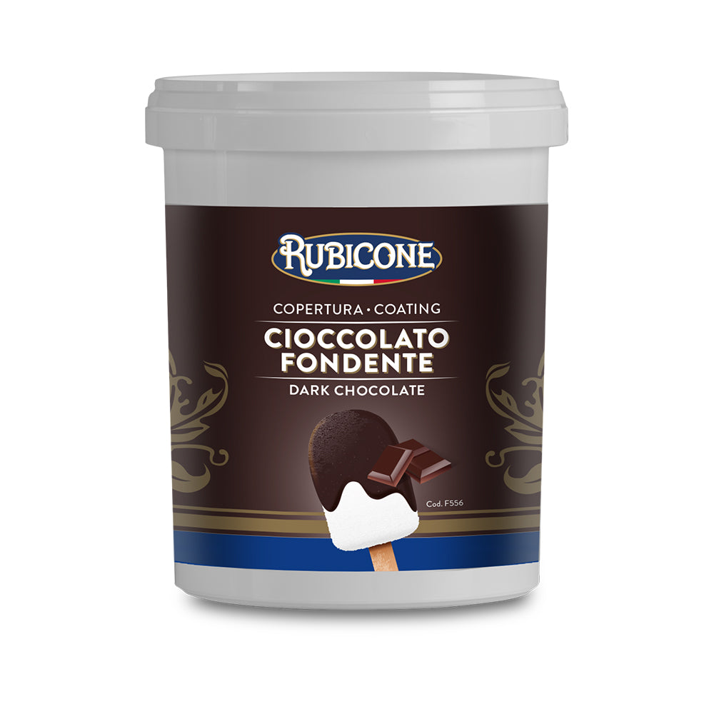 Rubicone dark chocolate vegan cone coating, 1.5 KG container on a white background