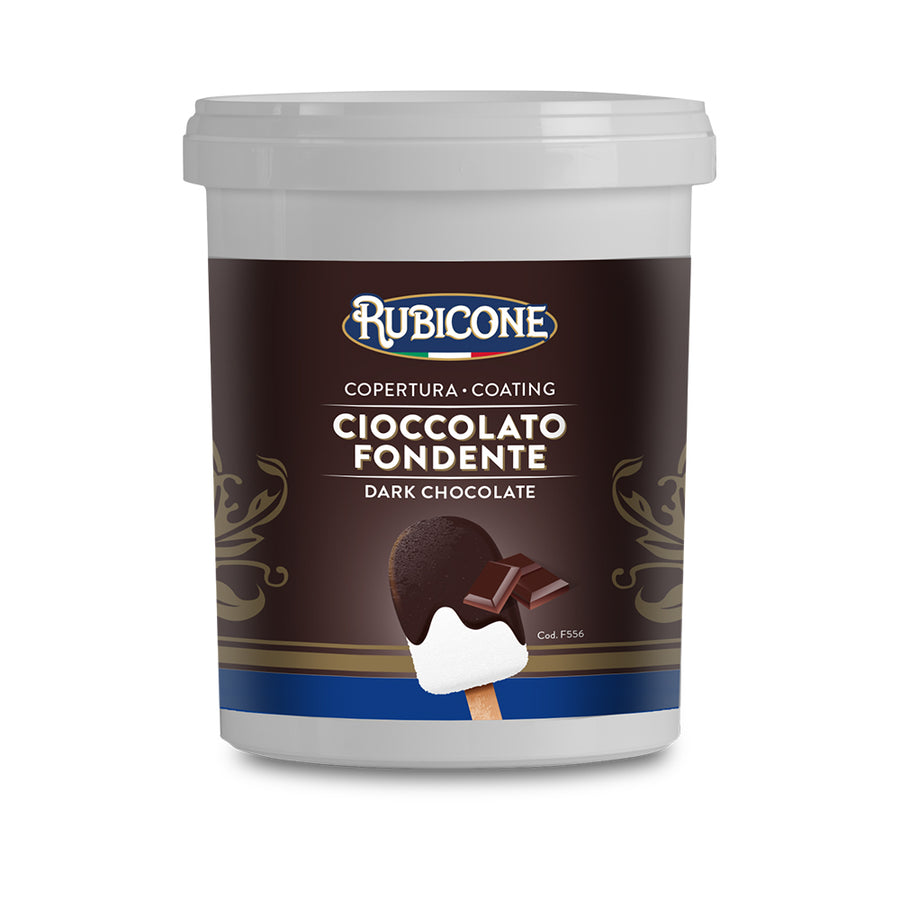 Rubicone dark chocolate vegan cone coating, 1.5 KG container on a white background