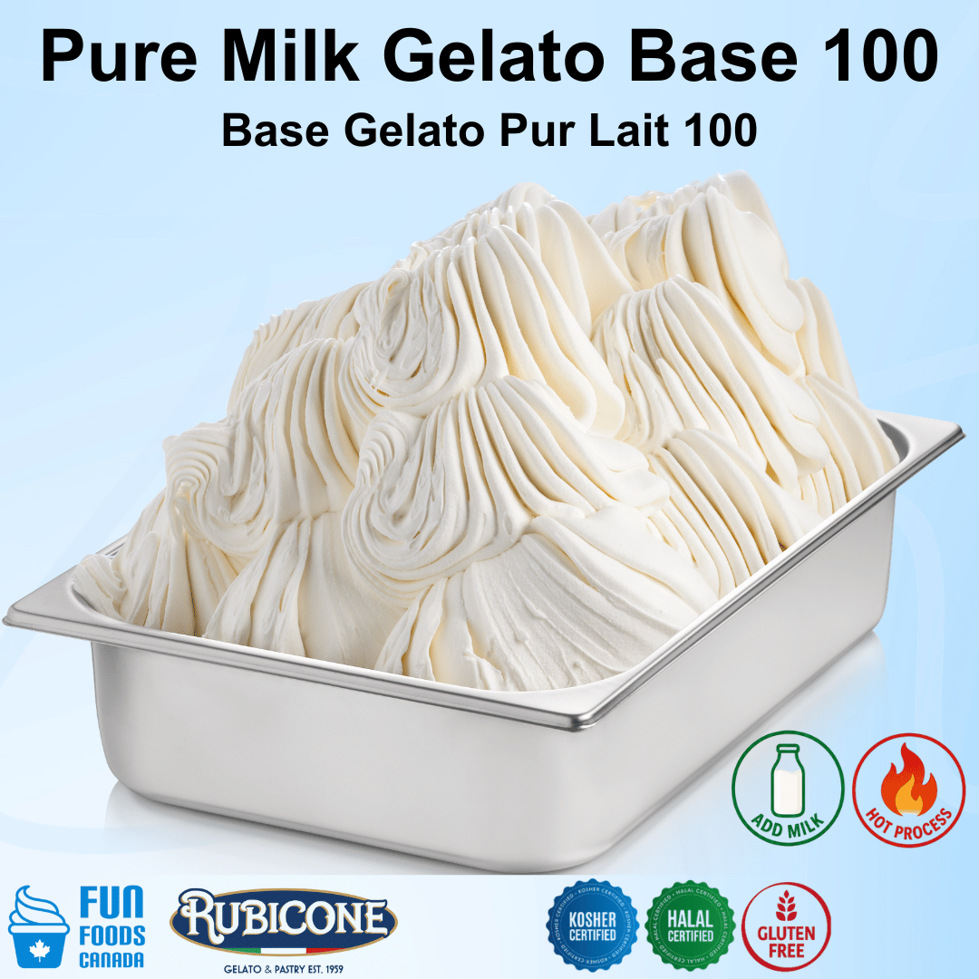 Pure Milk Gelato Base 100 in a metal container with Rubicone branding on a light blue background.