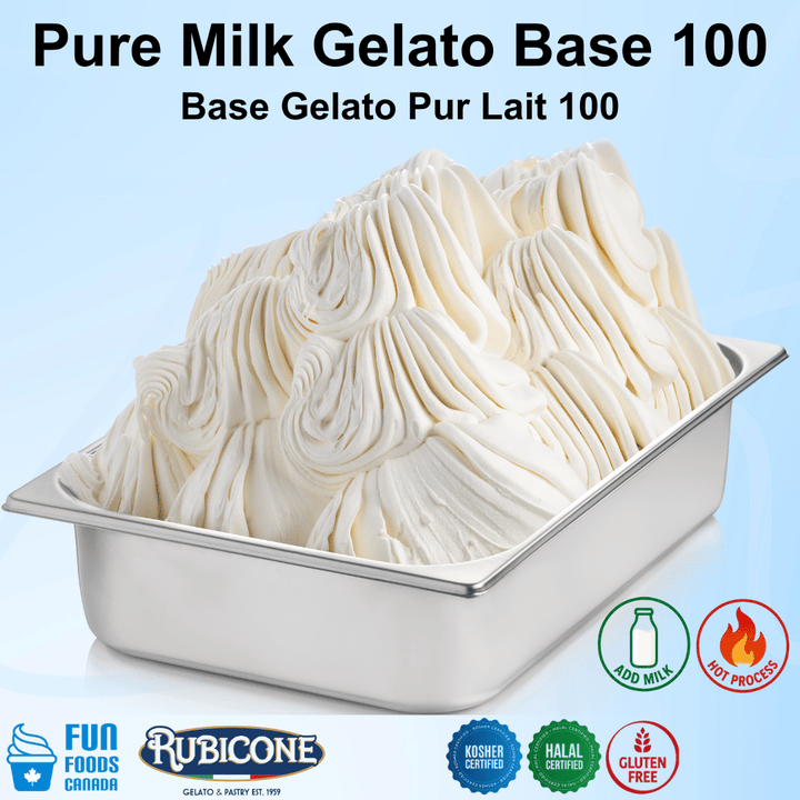 Pure Milk Gelato Base 100 in a metal container with Rubicone branding on a light blue background.