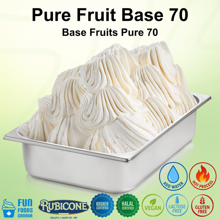 Pure Fruit Base 70 in a container with Rubicone branding and certification logos on a light green background.