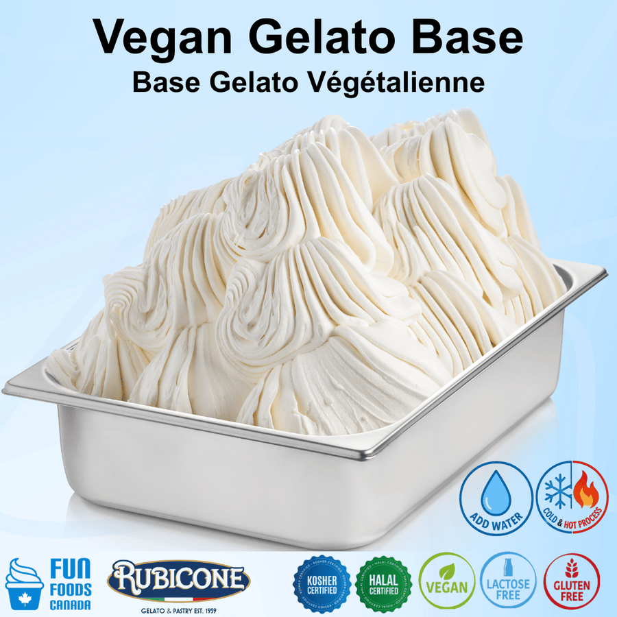 Vegan gelato base in a metal container with Rubicone branding on a light blue background