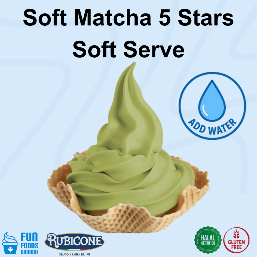 A soft matcha ice cream swirl in a waffle cone, labeled 'Soft Matcha 5 Stars Soft Serve' on a light blue background. The image includes 'ADD WATER' text and certification badges for Fun Foods Canada, Rubicone, Halal Certified, and Gluten Free.