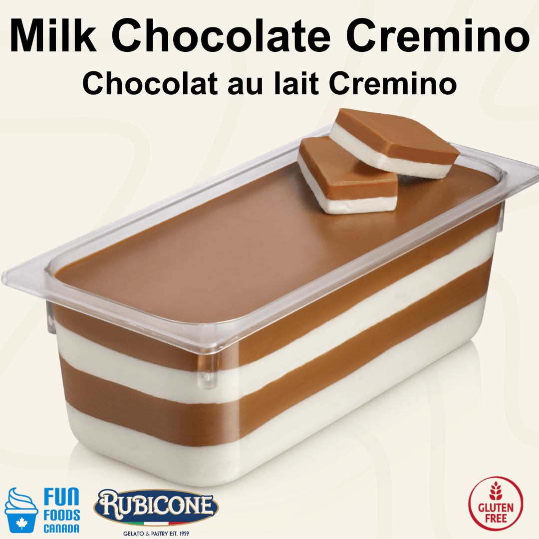 Rubicone Choco Milk Cremino for premium gelato layers and textures, featuring layered milk chocolate cremino in a display pan topped with milk chocolate pieces and decorative cremino bars. Available in Canada from Fun Foods Canada.