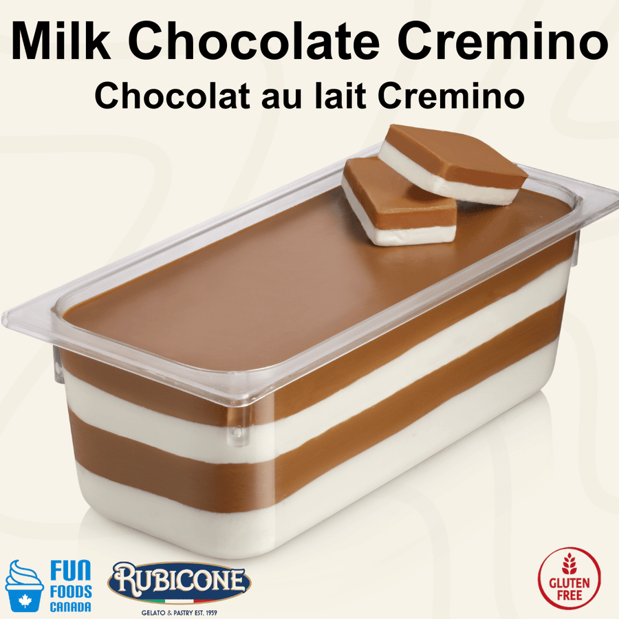 Rubicone Choco Milk Cremino for premium gelato layers and textures, featuring layered milk chocolate cremino in a display pan topped with milk chocolate pieces and decorative cremino bars. Available in Canada from Fun Foods Canada.