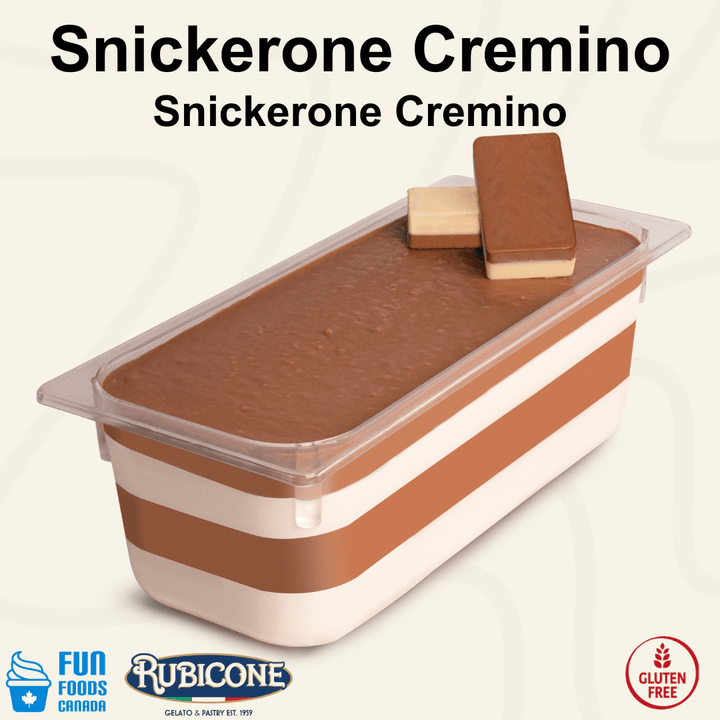 Rubicone Snickerone Cremino for premium gelato layers and textures, featuring layered peanut, caramel, and chocolate cremino in a display pan topped with decorative cremino bars. Available in Canada from Fun Foods Canada.