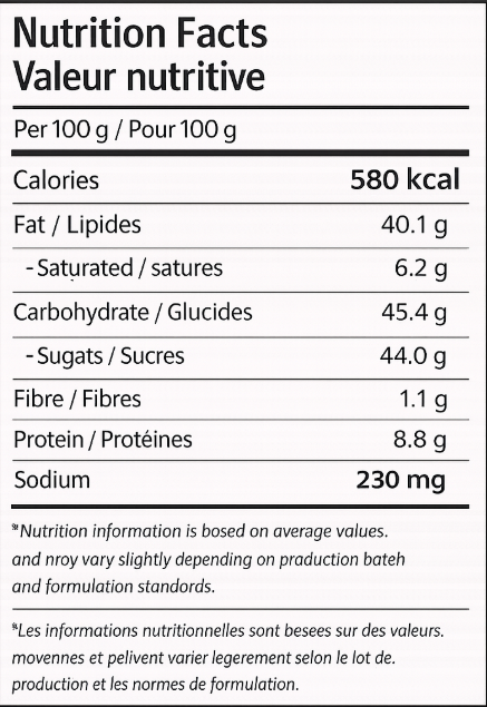 Nutrition facts label for Snickerone Spreadable Filling Cream