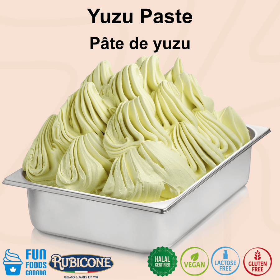 Rubicone Yuzu Paste for authentic Italian gelato, shown as smooth, creamy yuzu gelato with a delicate citrus-yellow colour in a display pan.