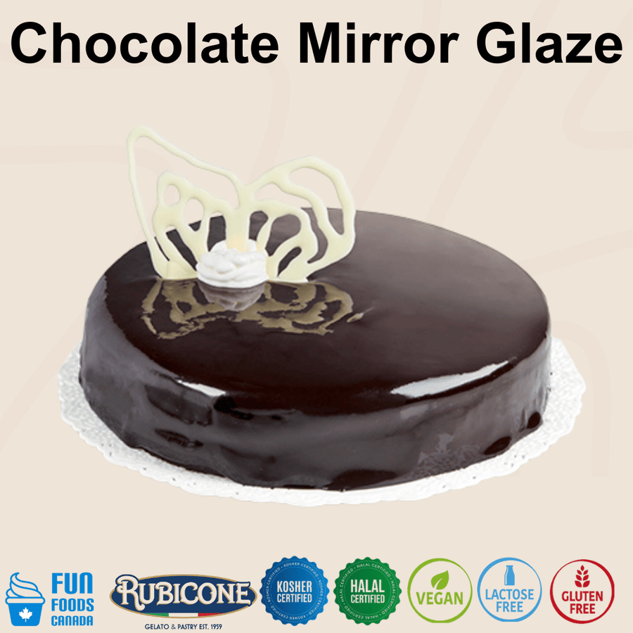 Rubicone Chocolate Mirror Glaze for cakes and pastry desserts, featuring a smooth, glossy dark chocolate finish. Kosher, Halal, Vegan, Lactose-Free and Gluten-Free certified.
