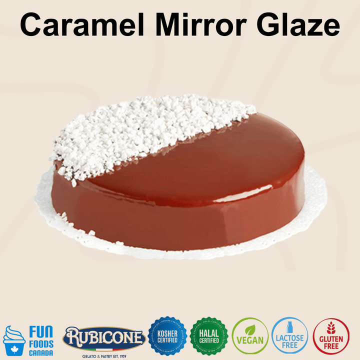Rubicone Caramel Mirror Glaze for cakes and pastry desserts, featuring a smooth, glossy caramel finish. Kosher, Halal, Vegan, Lactose-Free and Gluten-Free certified.
