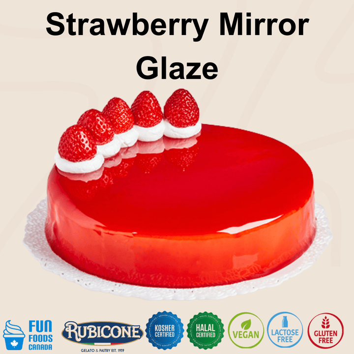 Rubicone Strawberry Mirror Glaze for cakes and pastry desserts, featuring a smooth, glossy strawberry-red finish. Kosher, Halal, Vegan, Lactose-Free and Gluten-Free certified.
