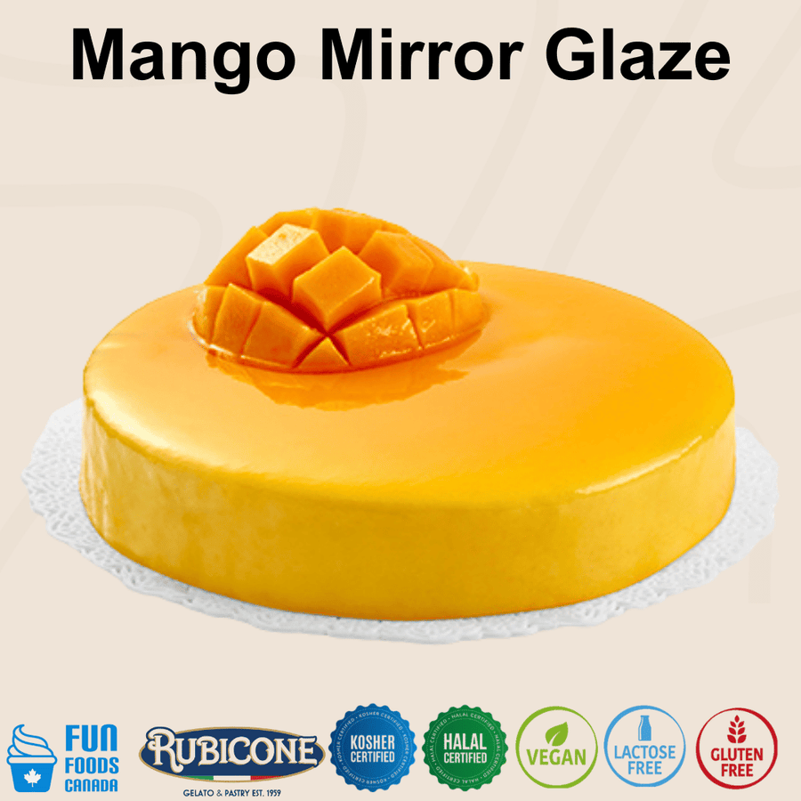 Rubicone Mango Mirror Glaze for cakes and pastry desserts, featuring a smooth, glossy tropical mango finish. Kosher, Halal, Vegan, Lactose-Free and Gluten-Free certified.
