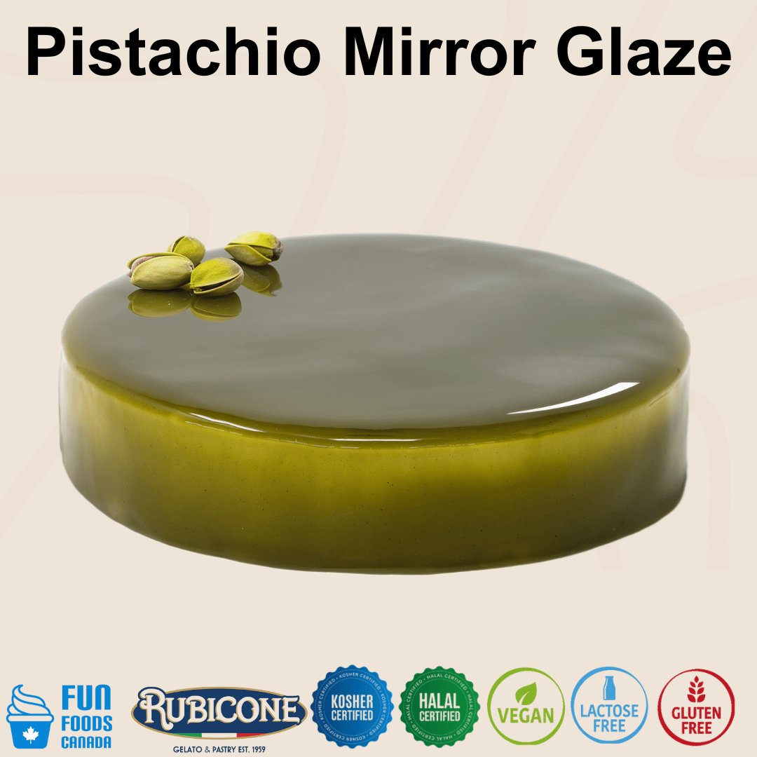 Rubicone Pistachio Mirror Glaze for cakes and pastry desserts, featuring a smooth, glossy pistachio finish. Kosher, Halal, Vegan, Lactose-Free and Gluten-Free certified.
