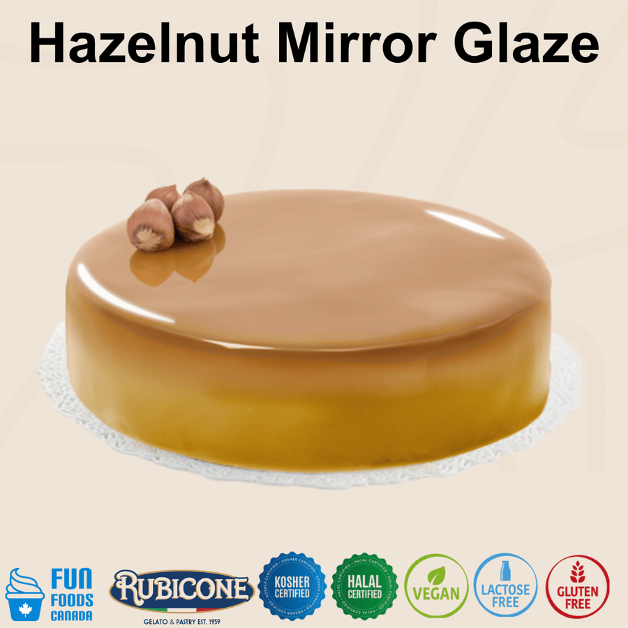 Rubicone Hazelnut Mirror Glaze for cakes and pastry desserts, featuring a smooth, glossy hazelnut finish. Kosher, Halal, Vegan, Lactose-Free and Gluten-Free certified.
