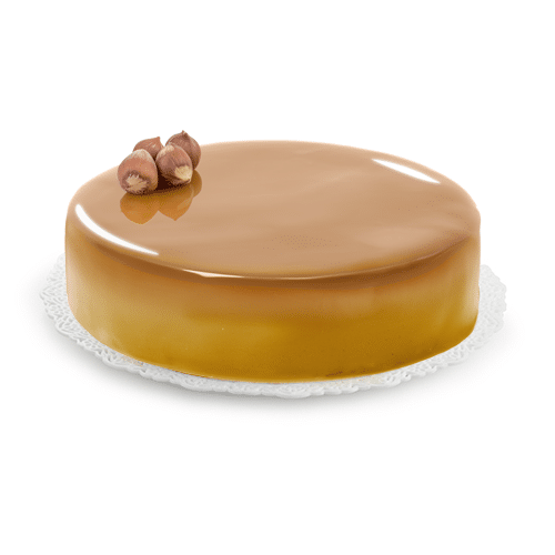 Round cake with hazelnut mirror glaze topping and garnished with three whole hazelnuts on a white background