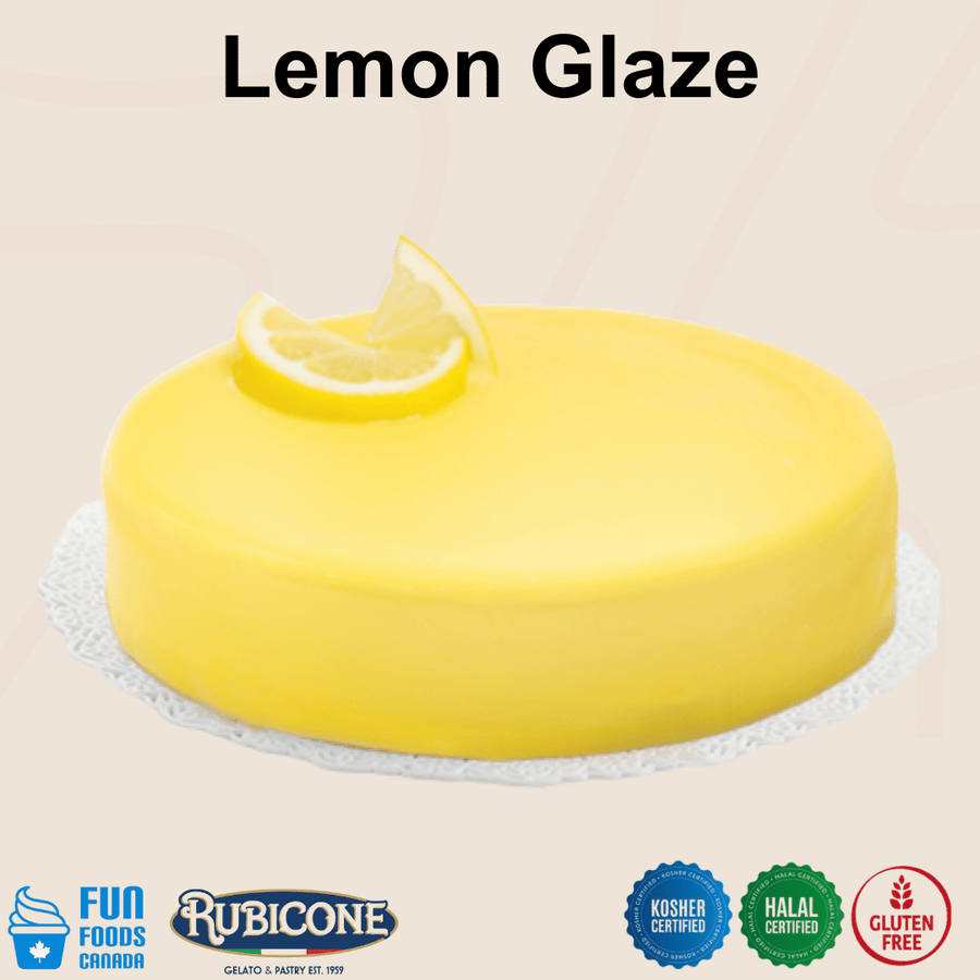 Rubicone Lemon Glaze for cakes and pastry desserts, featuring a smooth, bright yellow lemon finish. Kosher, Halal and Gluten-Free certified.
