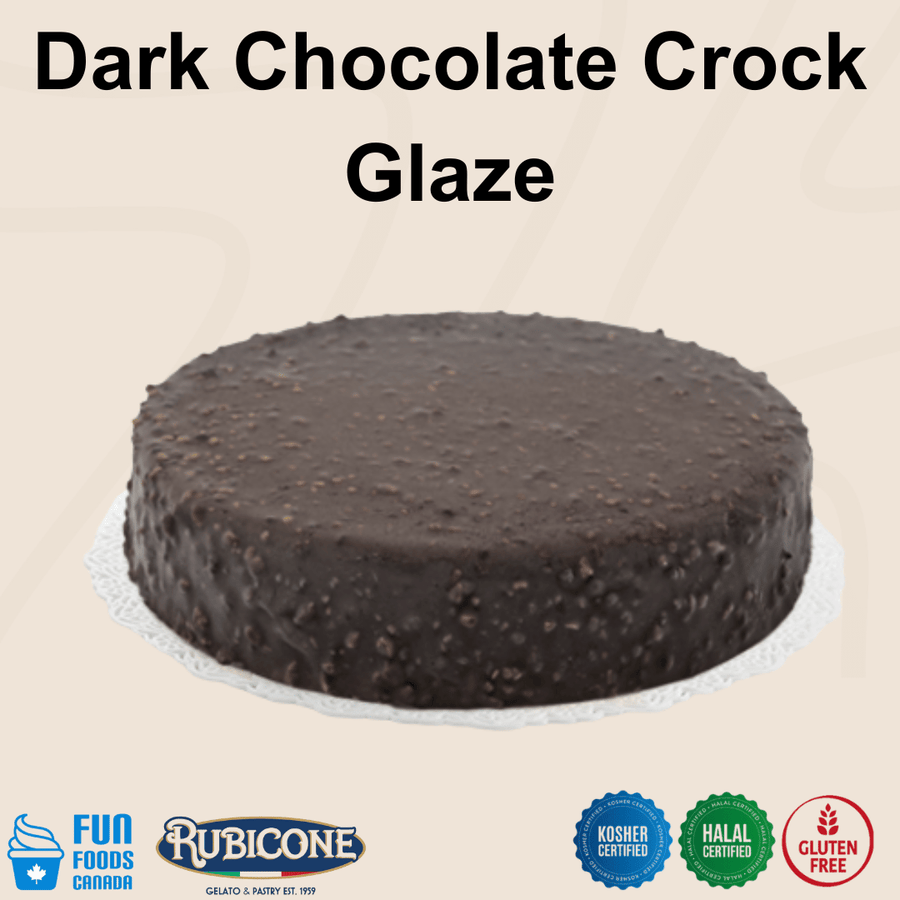 Rubicone Dark Chocolate Crock Glaze for cakes and pastry desserts, featuring a rich dark chocolate coating with crunchy pieces for a textured finish. Kosher, Halal and Gluten-Free certified.
