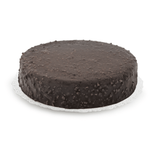 Dark Chocolate Crock Glaze by Rubicone coating a gelato cake on a white background