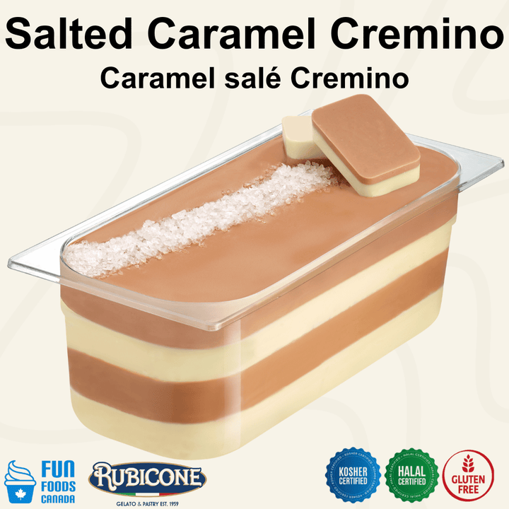 Rubicone Salted Caramel Cremino for premium gelato layers and textures, featuring layered salted caramel cremino in a display pan topped with sea salt crystals and decorative cremino bars. Available in Canada from Fun Foods Canada.