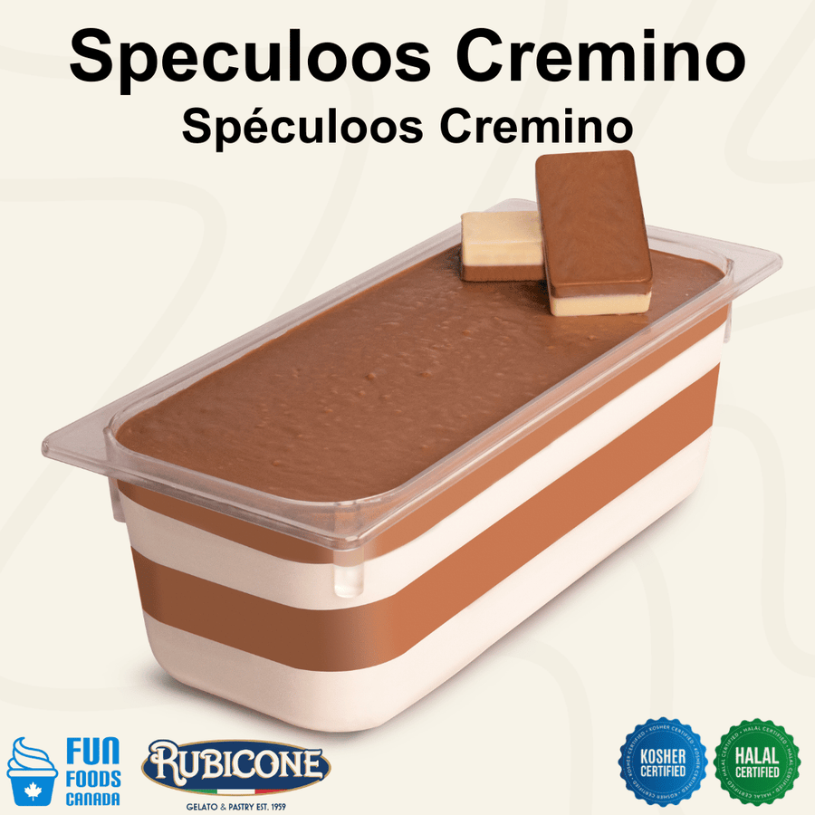 Rubicone Speculoos Cremino for premium gelato layers and textures, featuring layered speculoos cremino in a display pan topped with speculoos cookie crumbs and decorative cremino bars. Available in Canada from Fun Foods Canada.