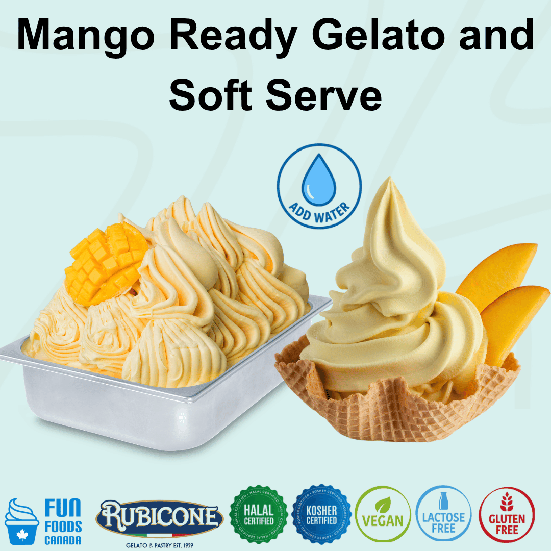 Rubicone Mango Ready Gelato and Soft Serve mix – tropical mango-flavoured add-water mix for commercial gelato and soft serve machines in Canada. Halal certified, Kosher certified, vegan, lactose-free and gluten-free.