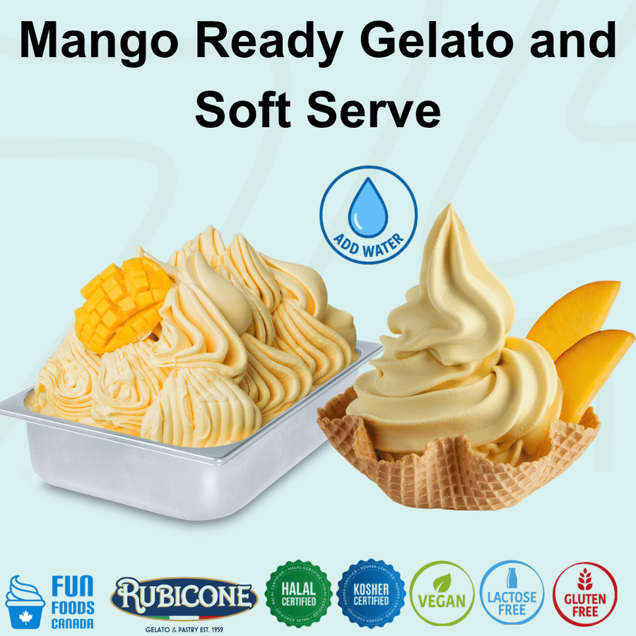 Rubicone Mango Ready Gelato and Soft Serve mix – tropical mango-flavoured add-water mix for commercial gelato and soft serve machines in Canada. Halal certified, Kosher certified, vegan, lactose-free and gluten-free.