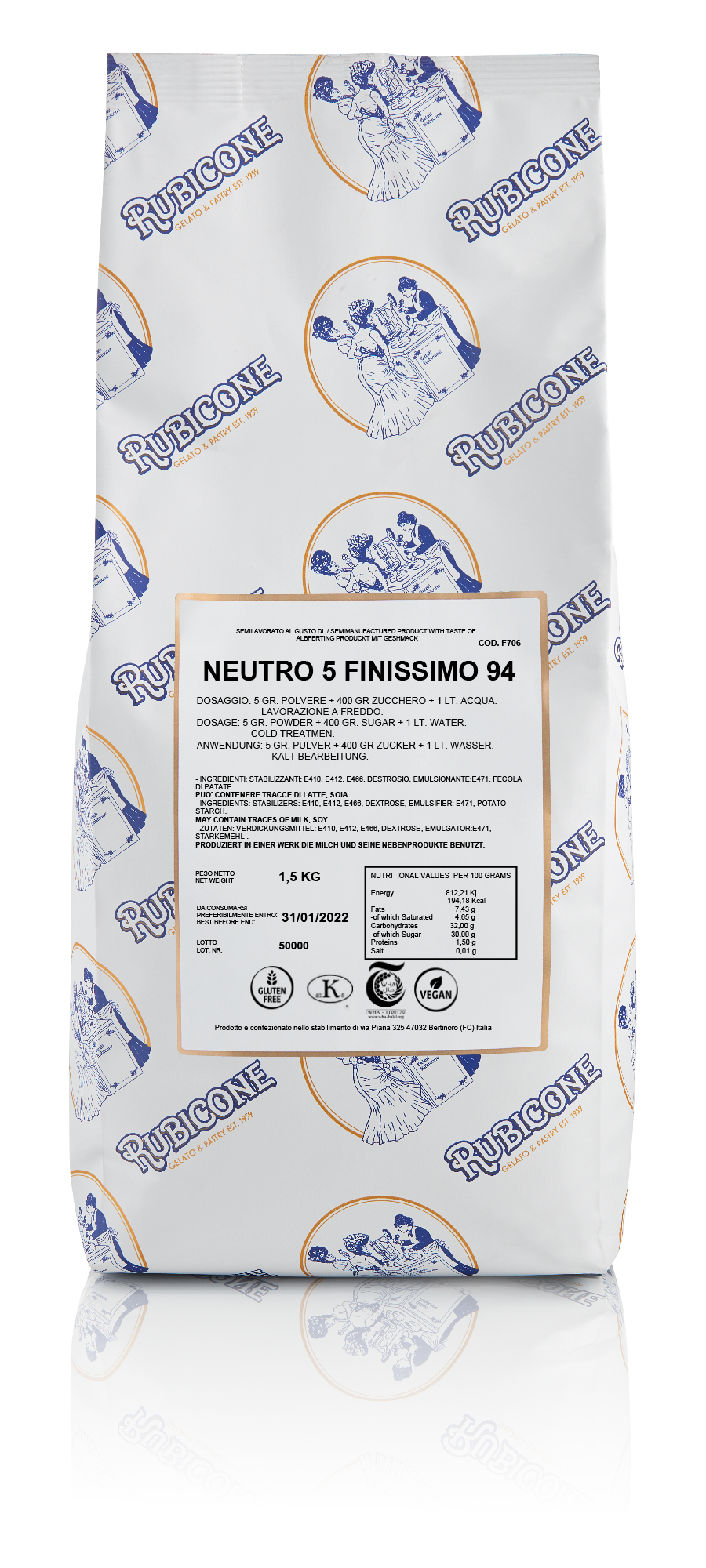 1.5 KG bag of Rubicone Neutro 5 Finissimo 94 Gelato Fruit Base Stabilizers and Emulsifiers on a transparent background