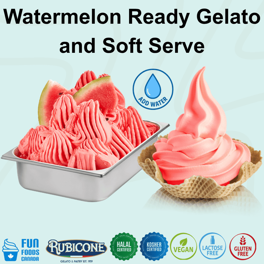 Rubicone Watermelon Ready Gelato mix – refreshing watermelon-flavoured add-water mix for commercial gelato and soft serve in Canada. Halal and Kosher certified, vegan, lactose-free and gluten-free.
