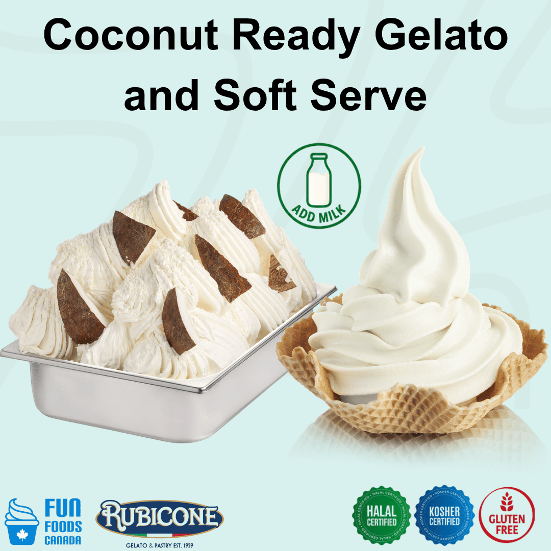 Rubicone Coconut Ready Gelato and Soft Serve mix – creamy coconut-flavoured mix for commercial gelato and soft serve machines in Canada. Add milk. Halal certified, Kosher certified and gluten-free.