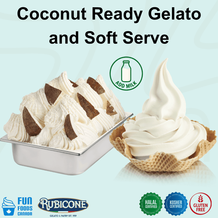Rubicone Coconut Ready Gelato and Soft Serve mix – creamy coconut-flavoured mix for commercial gelato and soft serve machines in Canada. Add milk. Halal certified, Kosher certified and gluten-free.