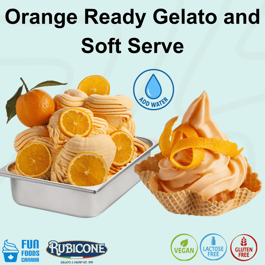 Rubicone Orange Ready Gelato and Soft Serve mix – refreshing orange-flavoured add-water mix for commercial gelato and soft serve machines in Canada. Vegan, lactose-free and gluten-free.
