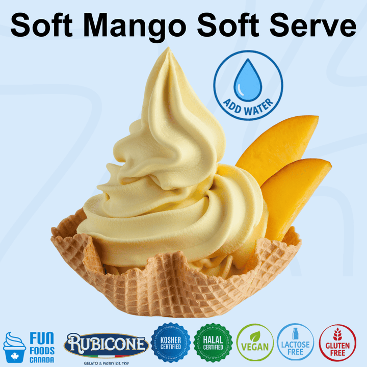 A swirl of pale mango-flavored soft serve ice cream in a waffle cone, with two mango slices on the side, on a light blue background. Large text at the top reads 'Soft Mango Soft Serve,' with a blue 'ADD WATER' icon and certification badges along the bottom including Fun Foods Canada, Rubiconone, kosher certified, halal certified, vegan, lactose free, and gluten free.