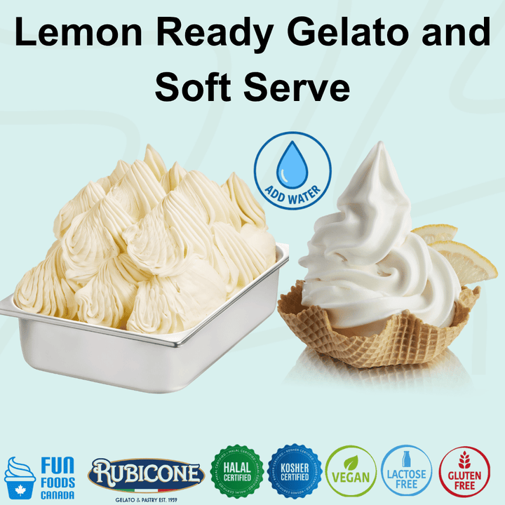 Rubicone Lemon Ready Gelato and Soft Serve mix – refreshing lemon-flavoured add-water mix for commercial gelato and soft serve machines in Canada. Halal certified, Kosher certified, vegan, lactose-free and gluten-free.