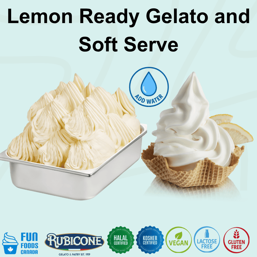 Rubicone Lemon Ready Gelato and Soft Serve mix – refreshing lemon-flavoured add-water mix for commercial gelato and soft serve machines in Canada. Halal certified, Kosher certified, vegan, lactose-free and gluten-free.