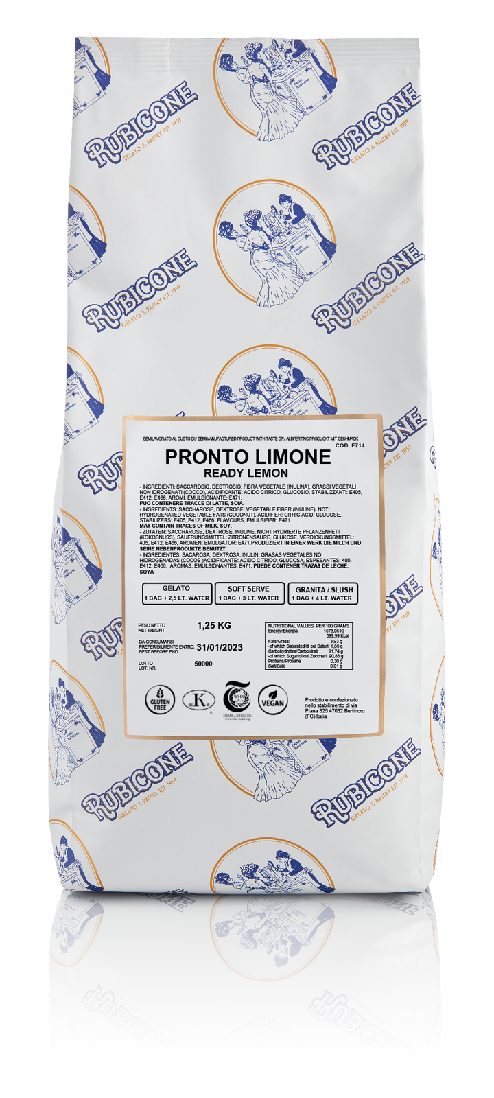 Lemon Ready Base for Gelato & Soft Serve 1.25 KG bag on a white background by Rubicone Canada - Canadian Distributor