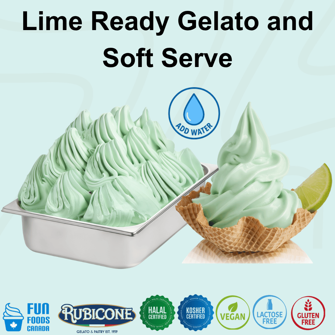 Rubicone Lime Ready Gelato and Soft Serve mix – refreshing, zesty lime-flavoured add-water mix for commercial gelato and soft serve machines in Canada. Halal certified, Kosher certified, vegan, lactose-free and gluten-free.
