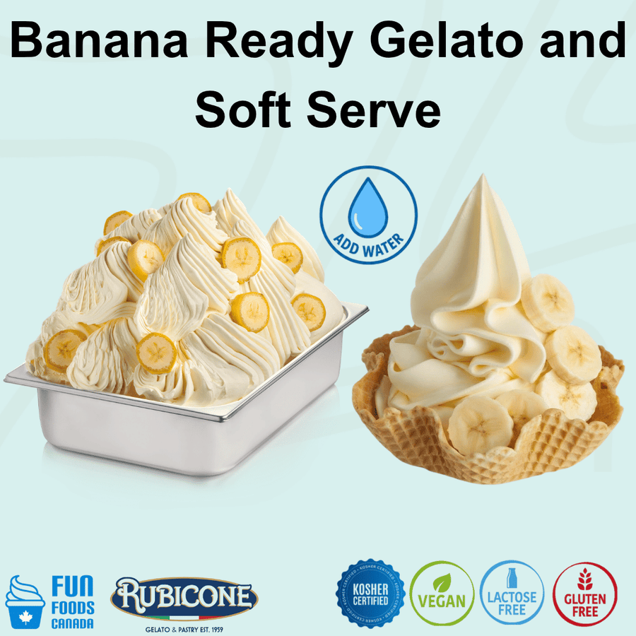 Rubicone Banana Ready Gelato and Soft Serve mix – easy add-water banana-flavoured frozen dessert mix for commercial gelato and soft serve machines in Canada. 
